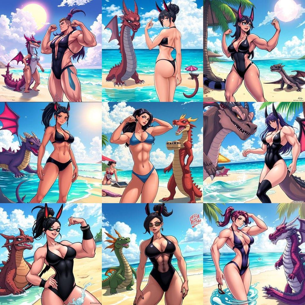 Muscular Loona and Joe the Dragon on Beach