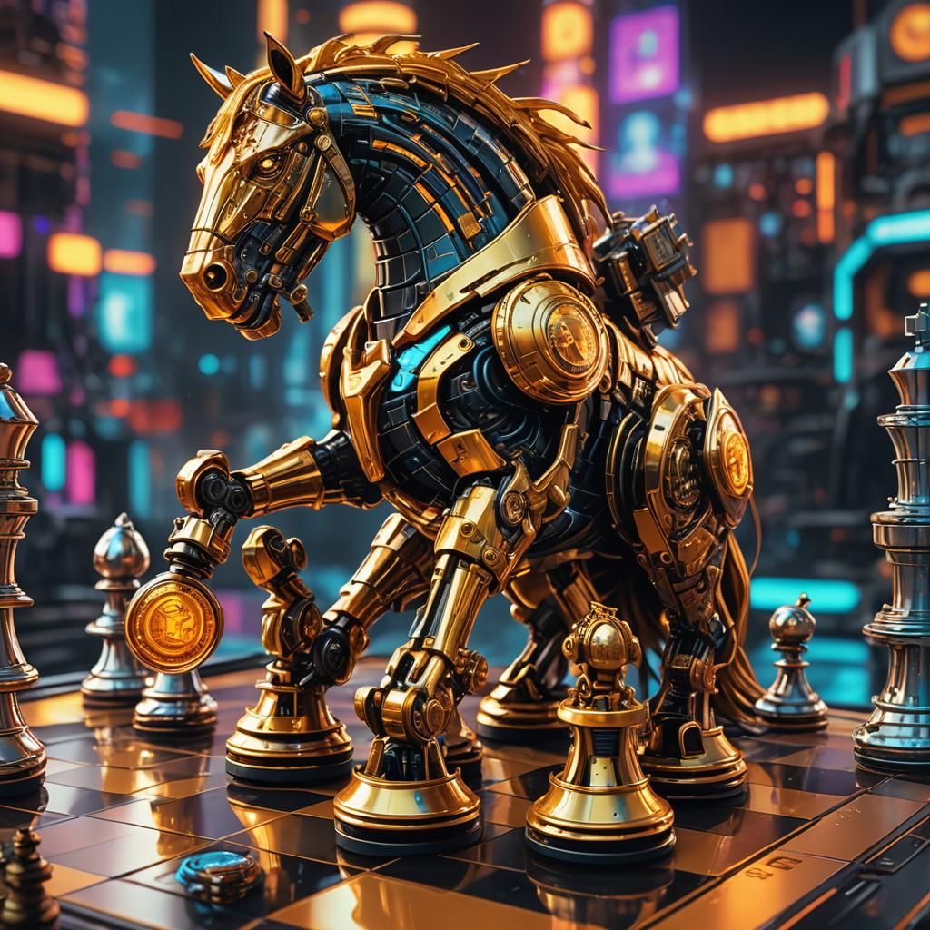 Sci-Fi Knight Mecha on Cyberpunk Chessboard