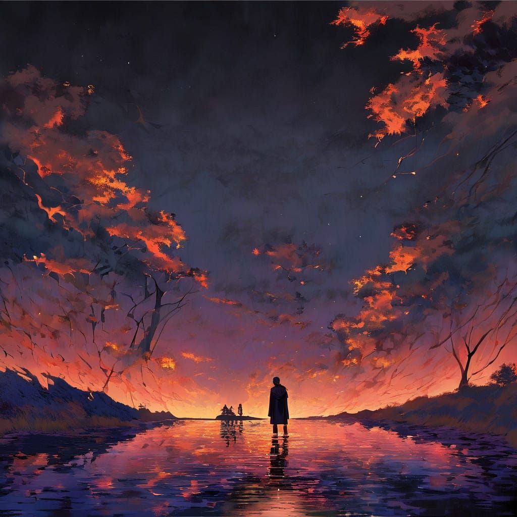Vibrant Sunset Reflects a Mysterious Figure on Secluded Lake