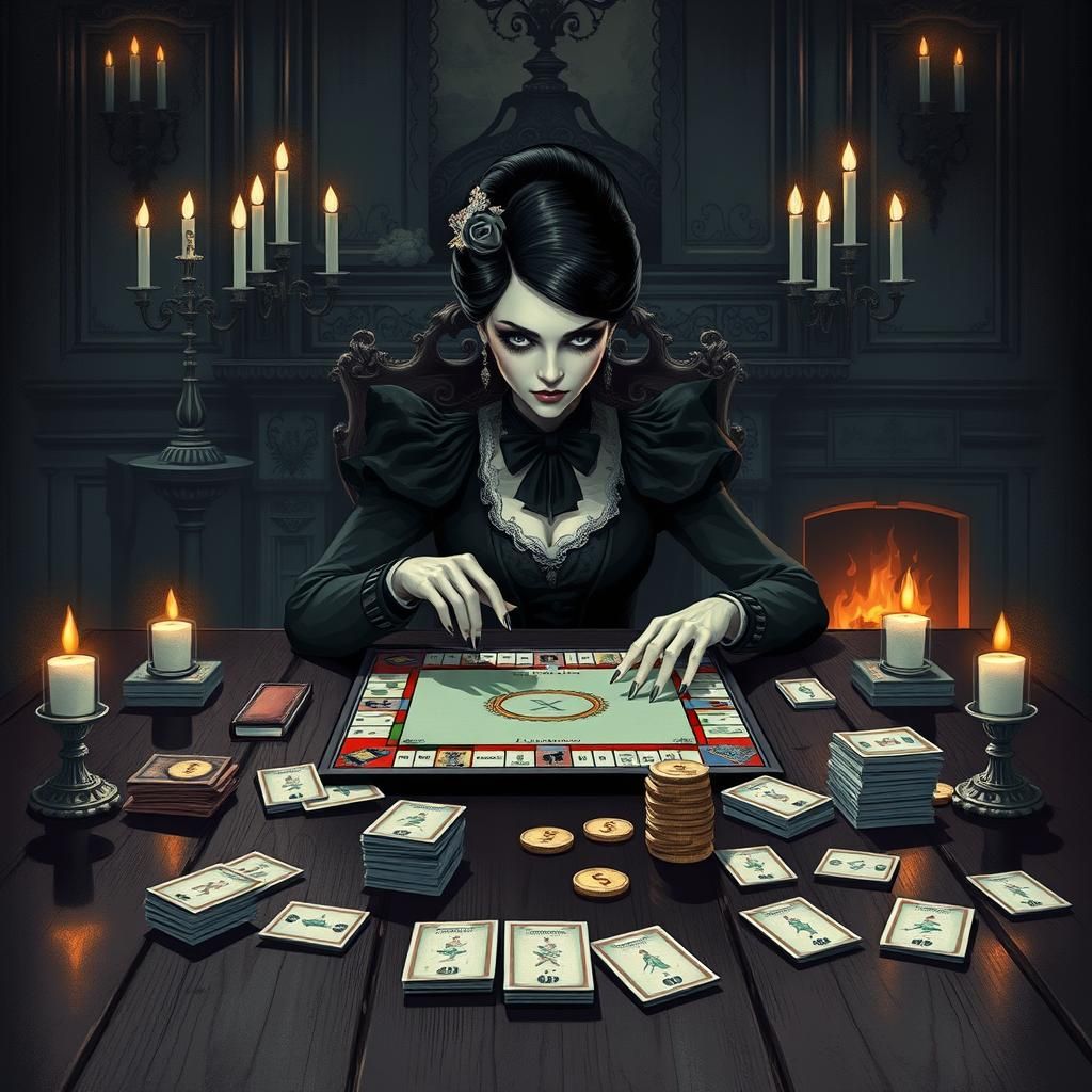 Gothic Victorian Woman Plays Monopoly, Burton-esque Illustra...