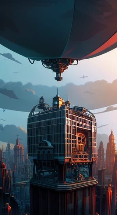 Steampunk Spaceship Over City: Detailed 3D Render