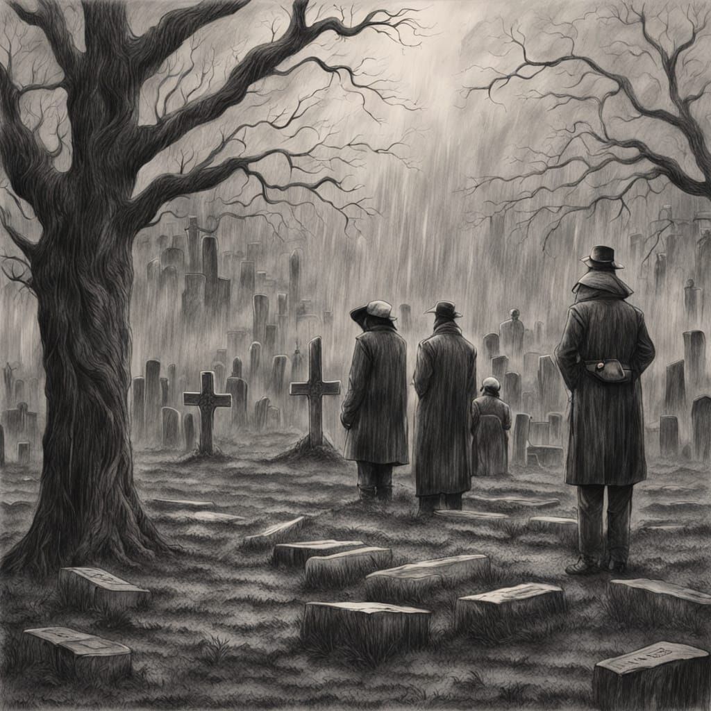 Gloomy Graveyard Mourning Scene in Charcoal