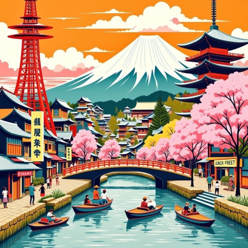 Surreal Tokyo Landscape in Vintage Travel Poster Style