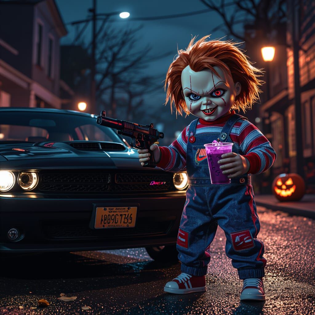 Chucky Halloween with Dodge Charger and Purple Drink