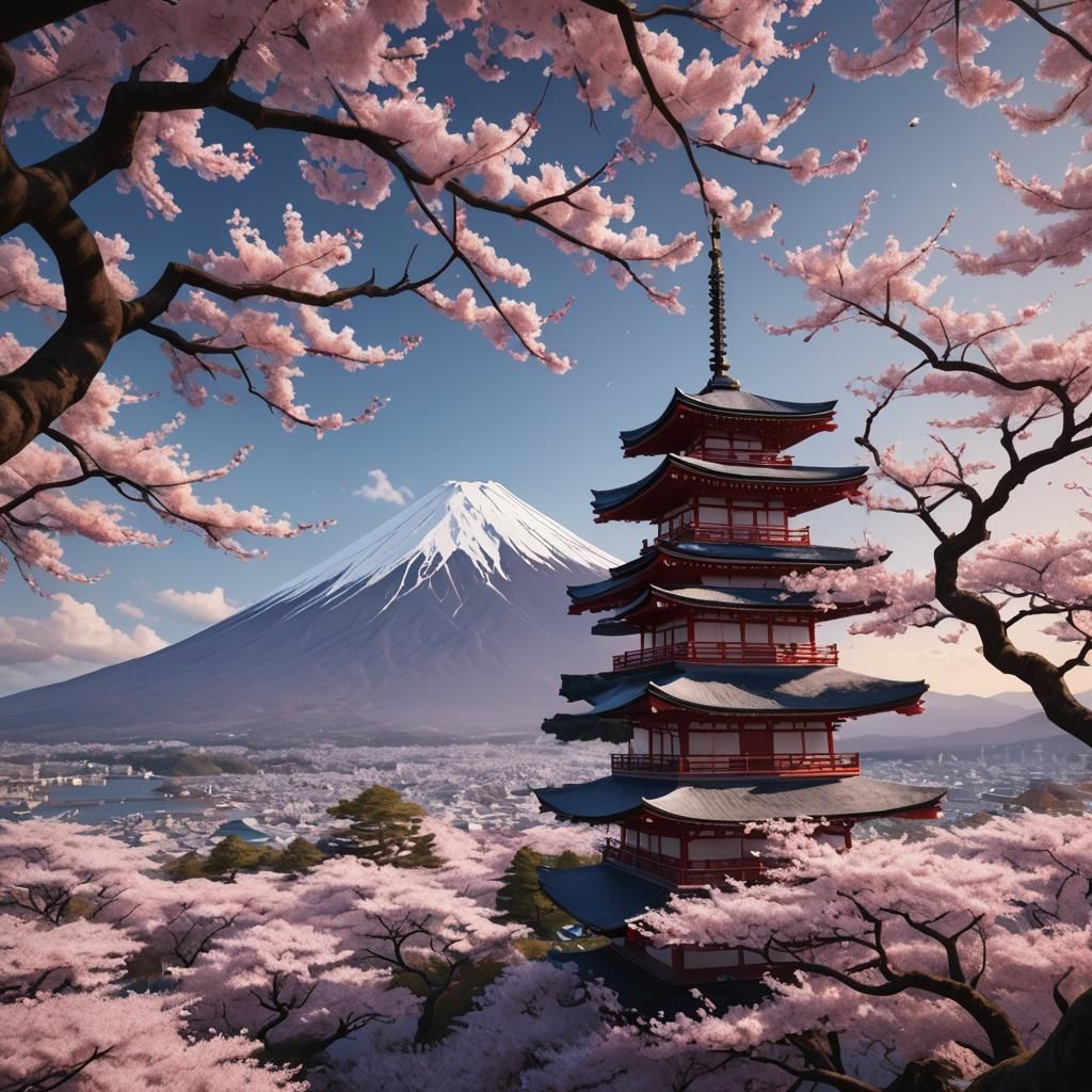 Mount Fuji Cherry Blossoms: Fantasy Concept Art