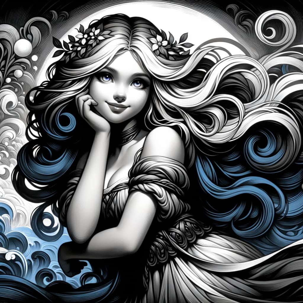 Ethereal Norse Goddess in a Whimsical Dichromatic Scene