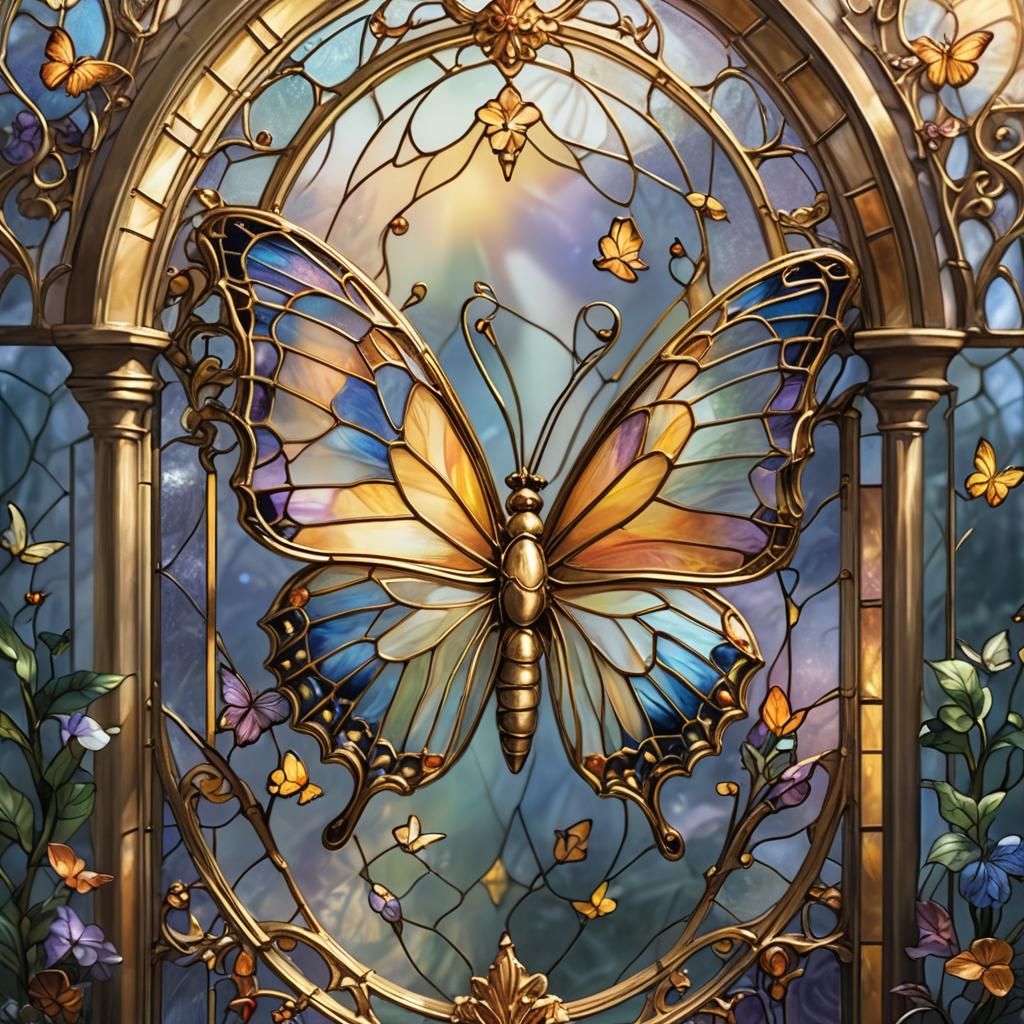 Stained Glass Butterfly Trapped in Golden Cage