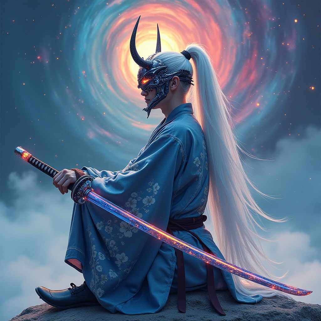 Samurai with Horned Mask and Energy Katana