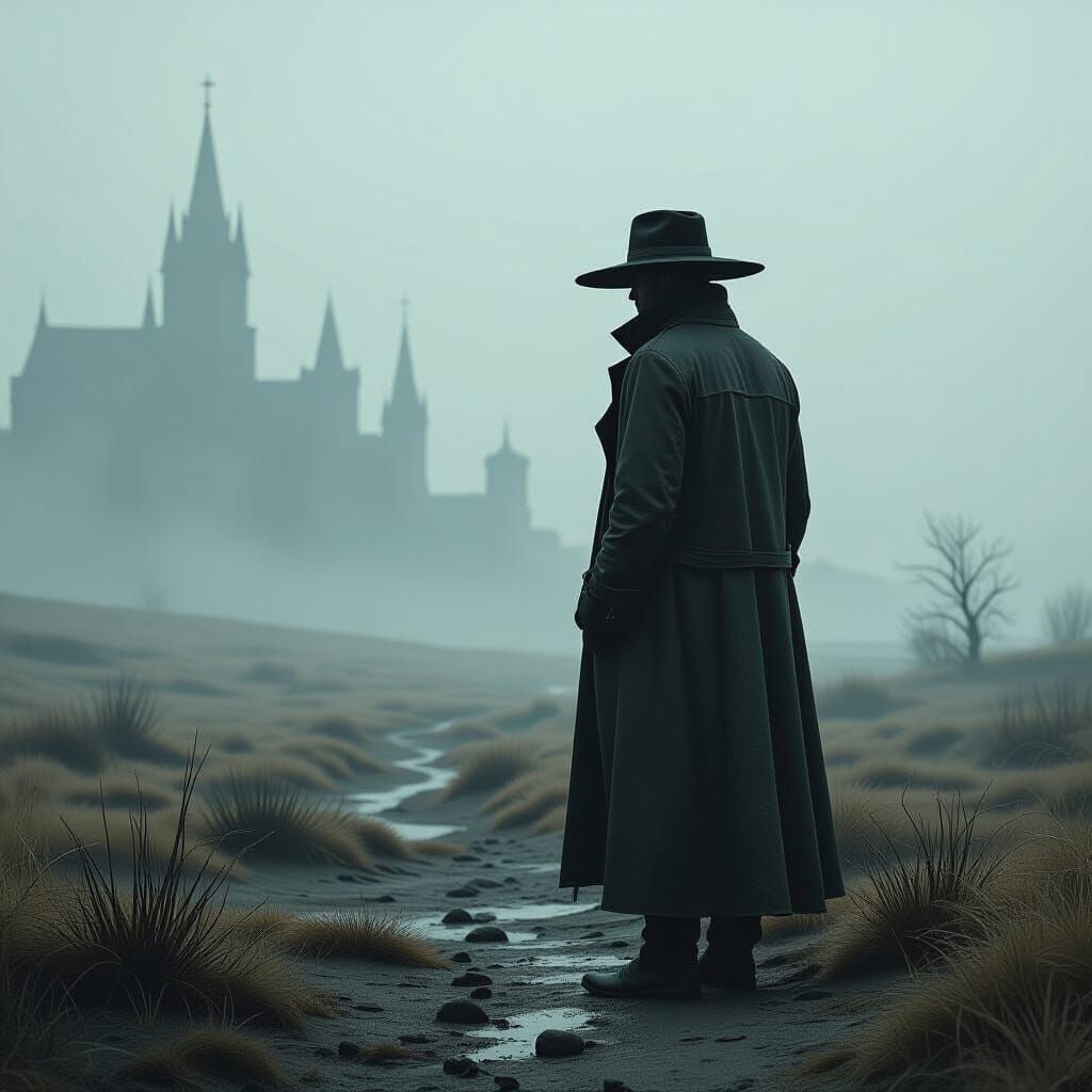 Desolate Figure in Misty Landscape: Digital Art