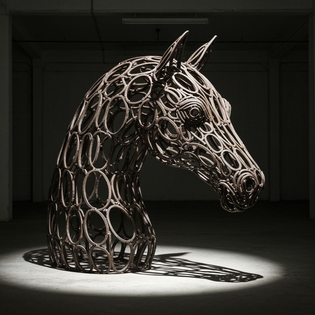 Iron Hoop Horse Head Sculpture in Industrial Setting