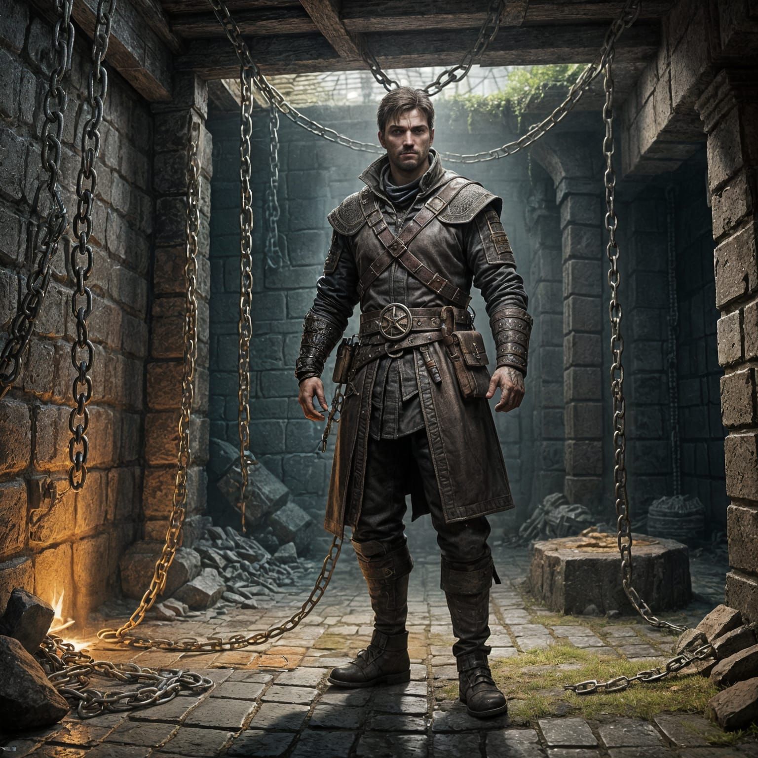 Hyperrealistic Dungeon Concept Art with Prisoner in Chains