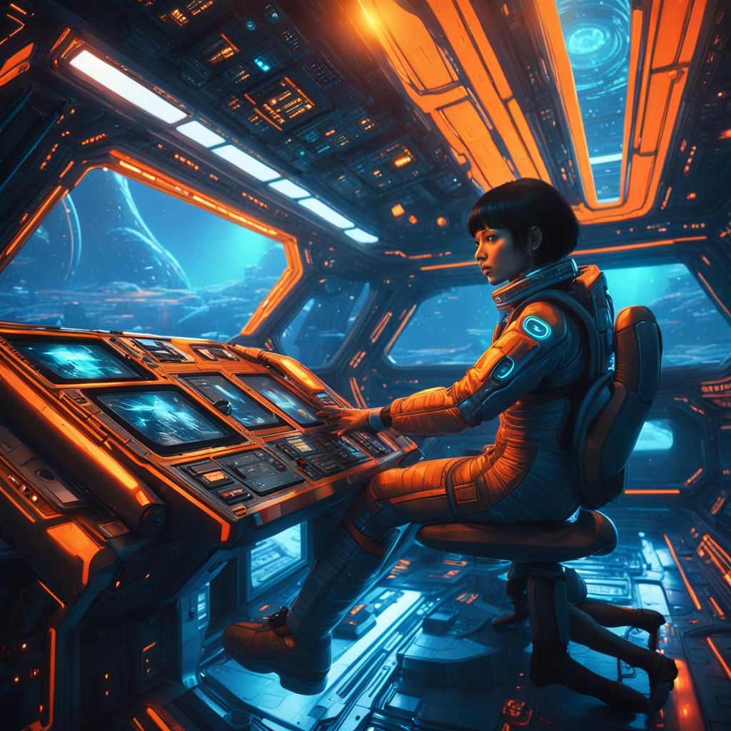 Astronaut on Spaceship Deck in Cyberpunk Style