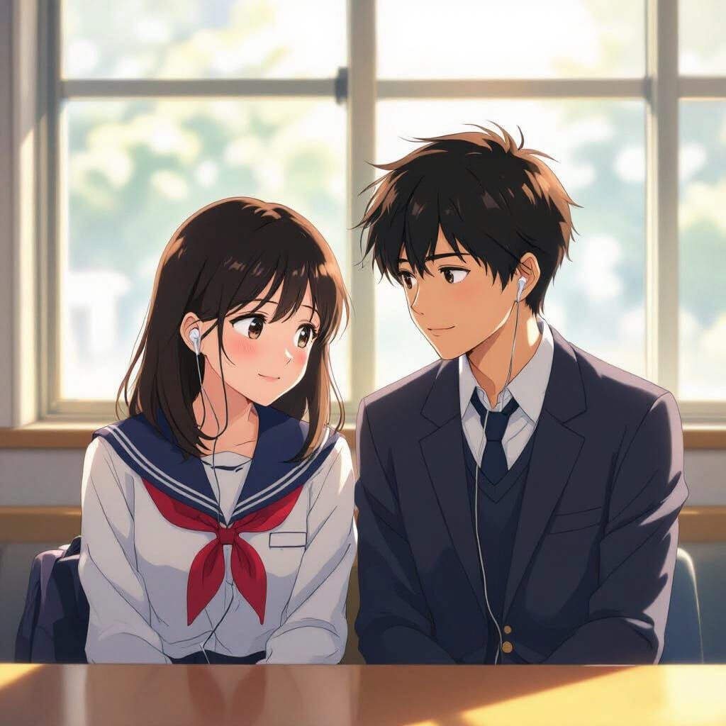 Teenagers Sharing Earphones in Anime Style