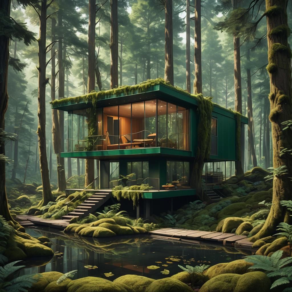 Reflective Glass Cabin in Dense Forest, Post-Modern Matte Pa...