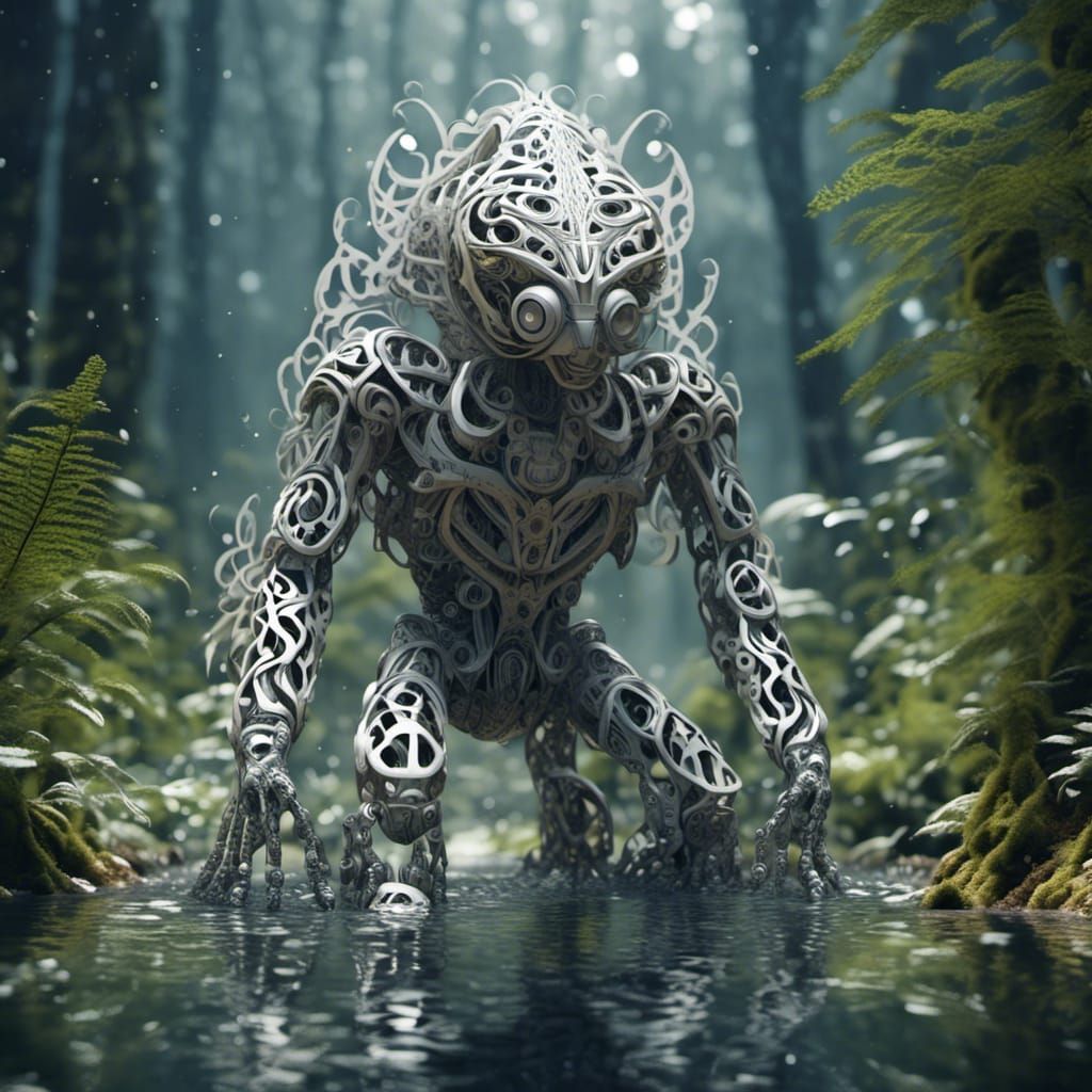 Rice Paper Humanoid Working with AI in Scandinavian Forest
