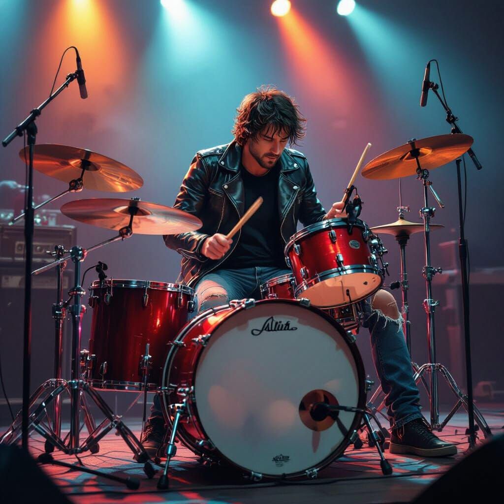 Rock Drummer in Leather Jacket on Stage