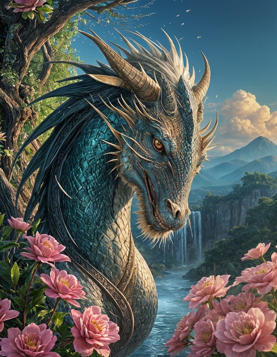 Dragon between roses