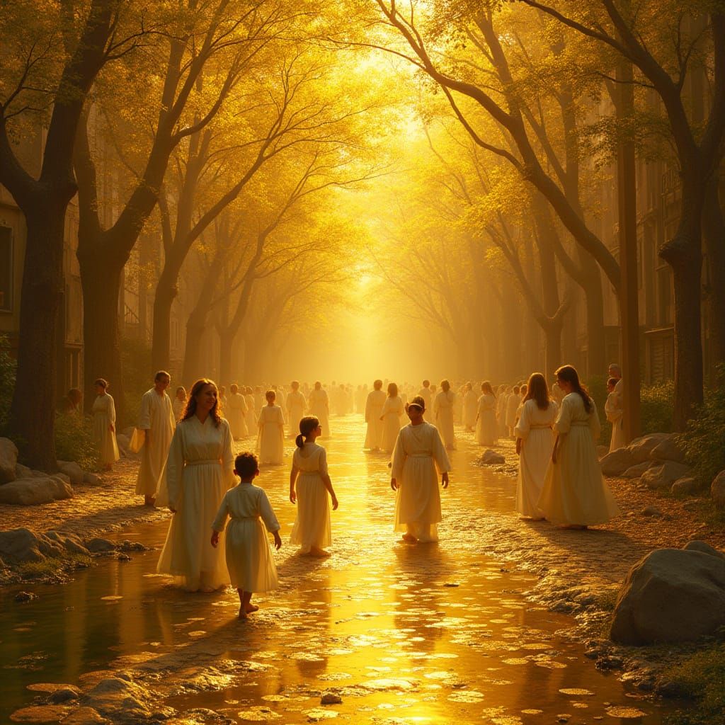 Golden River Scene in Art Nouveau Style