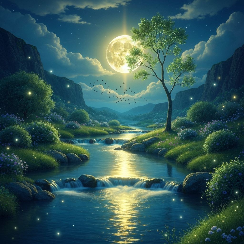 Glowing Full Moon Over Peaceful River at Night