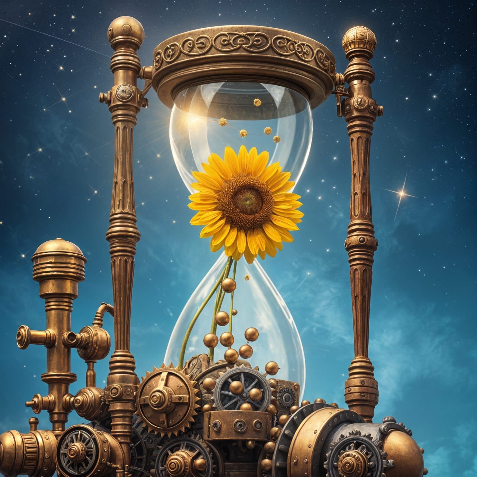 Elegant Steampunk Sandglass with Flying Sunflowers and Seeds