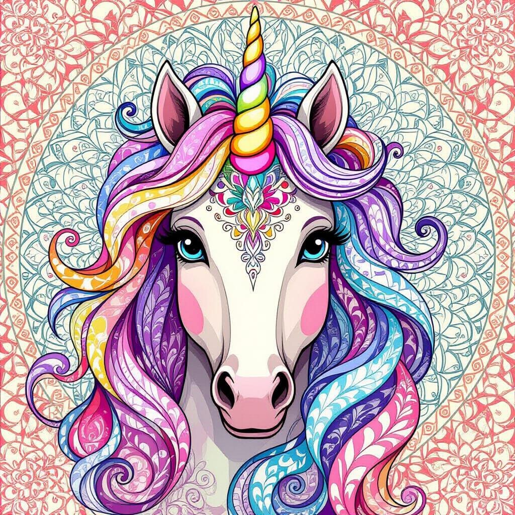 Vibrant Zentangle Unicorn Head Intricate Patterns Pastel Col...