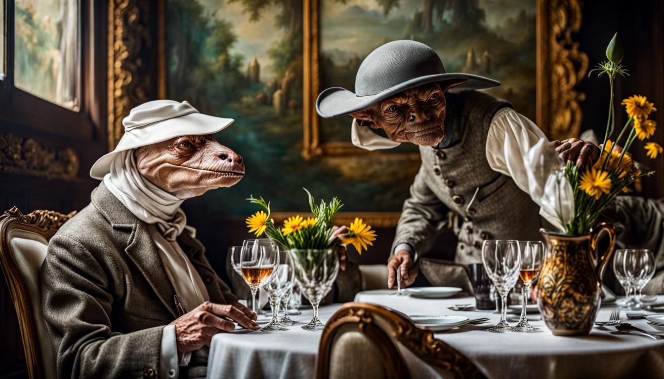 Exotic Alien Celebration in Surreal Restaurant Setting