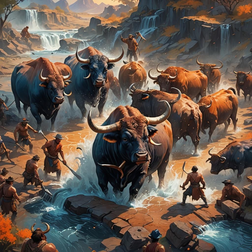 Giant Beef Bulls Gather at Watering Hole