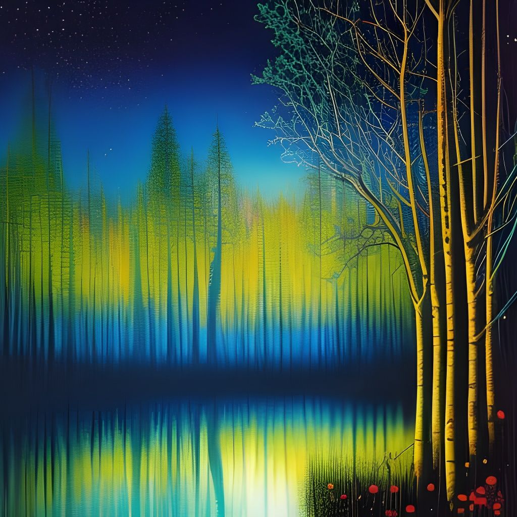 Glowing Moonlit Forest Reflected in Lake