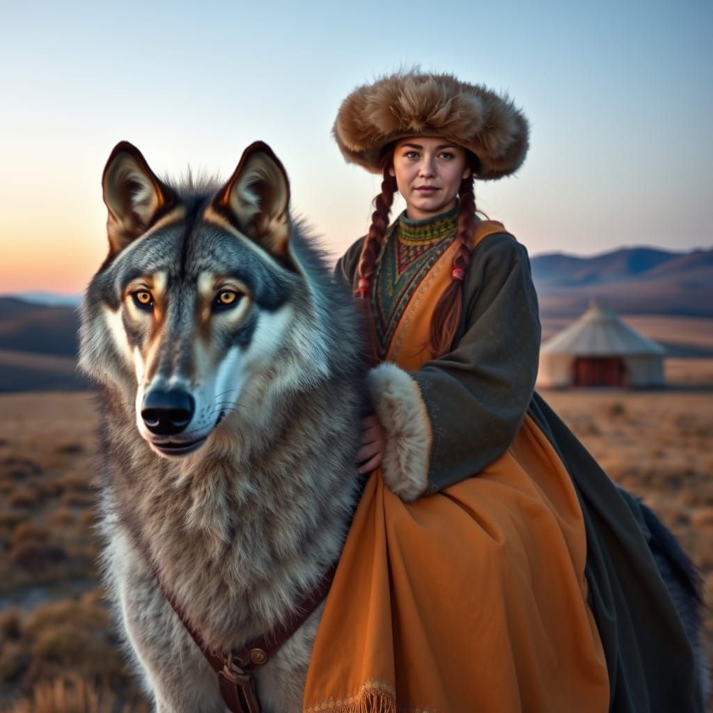 Woman Riding Majestic Gray Wolf Under Mongolian Dusk