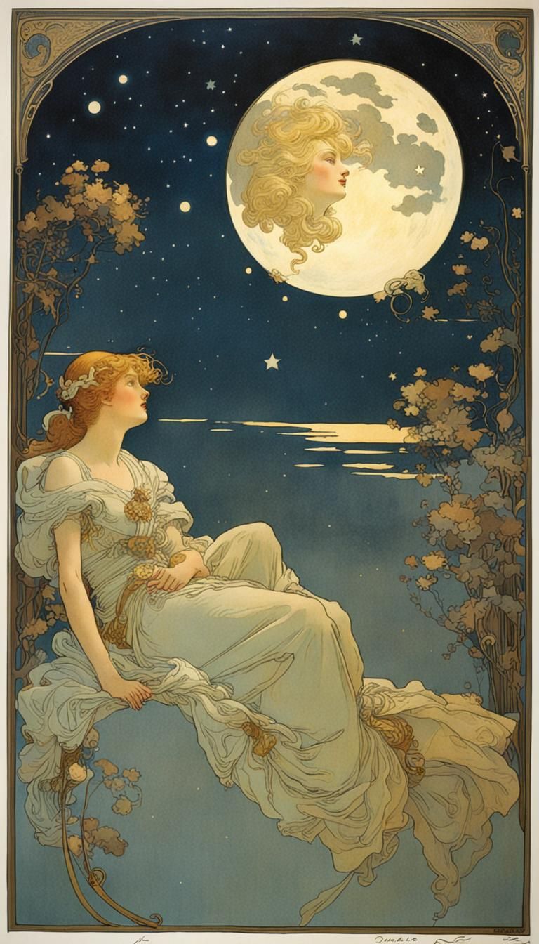 Art Nouveau Crescent Moon Lithograph