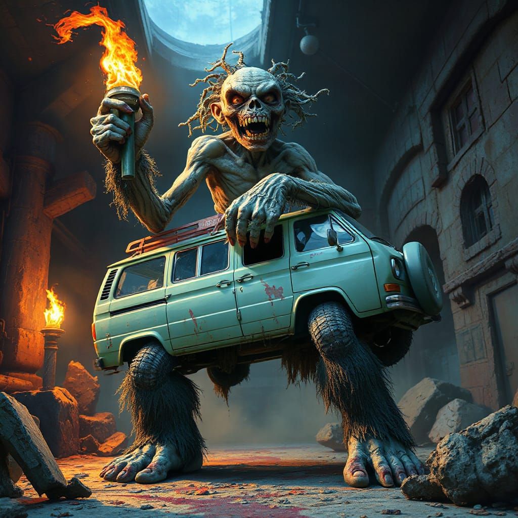 Giant Zombie Holds Mini Van in Torch-Lit Dungeon