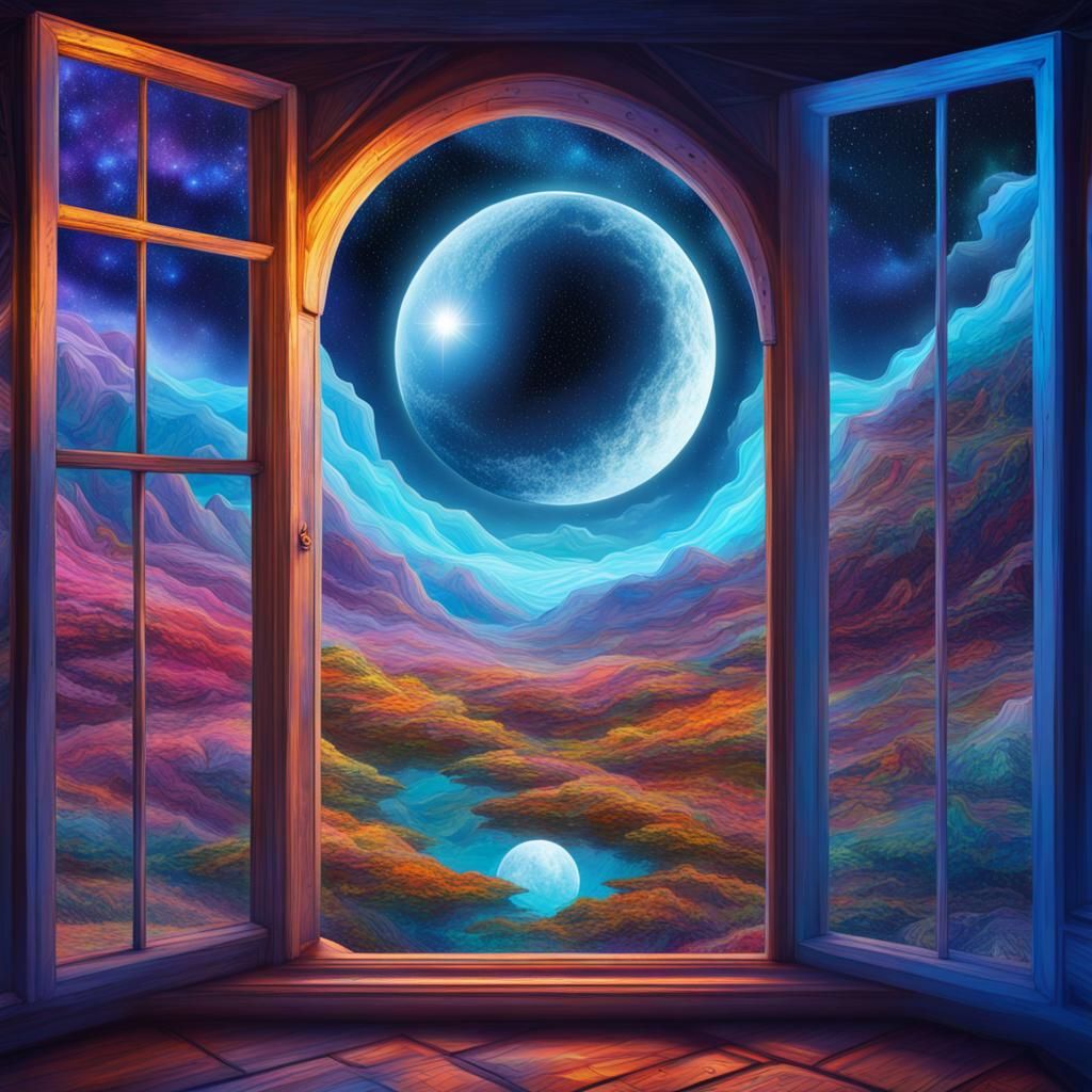 Moonlit Window Reveals Cosmic Astral World