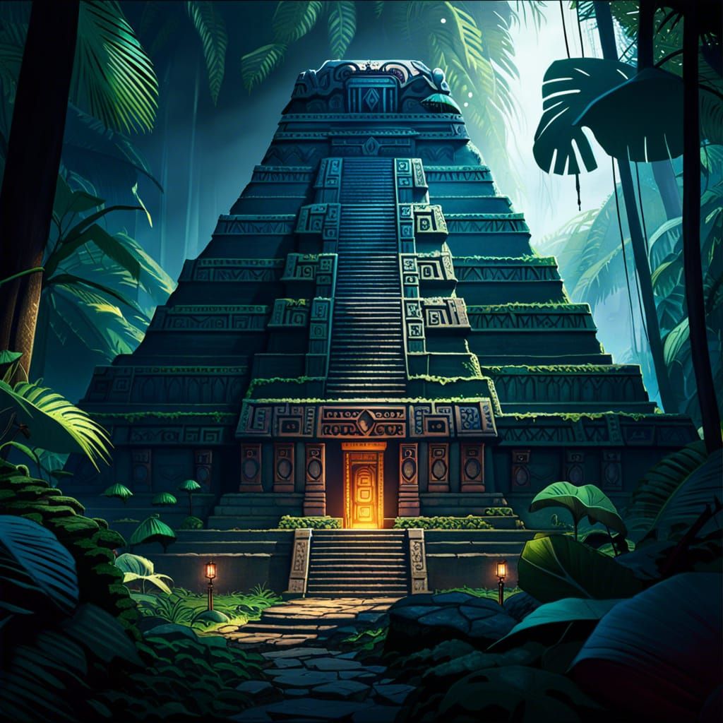 Moonlit Mayan Temple in Jungle, Detailed Concept Art