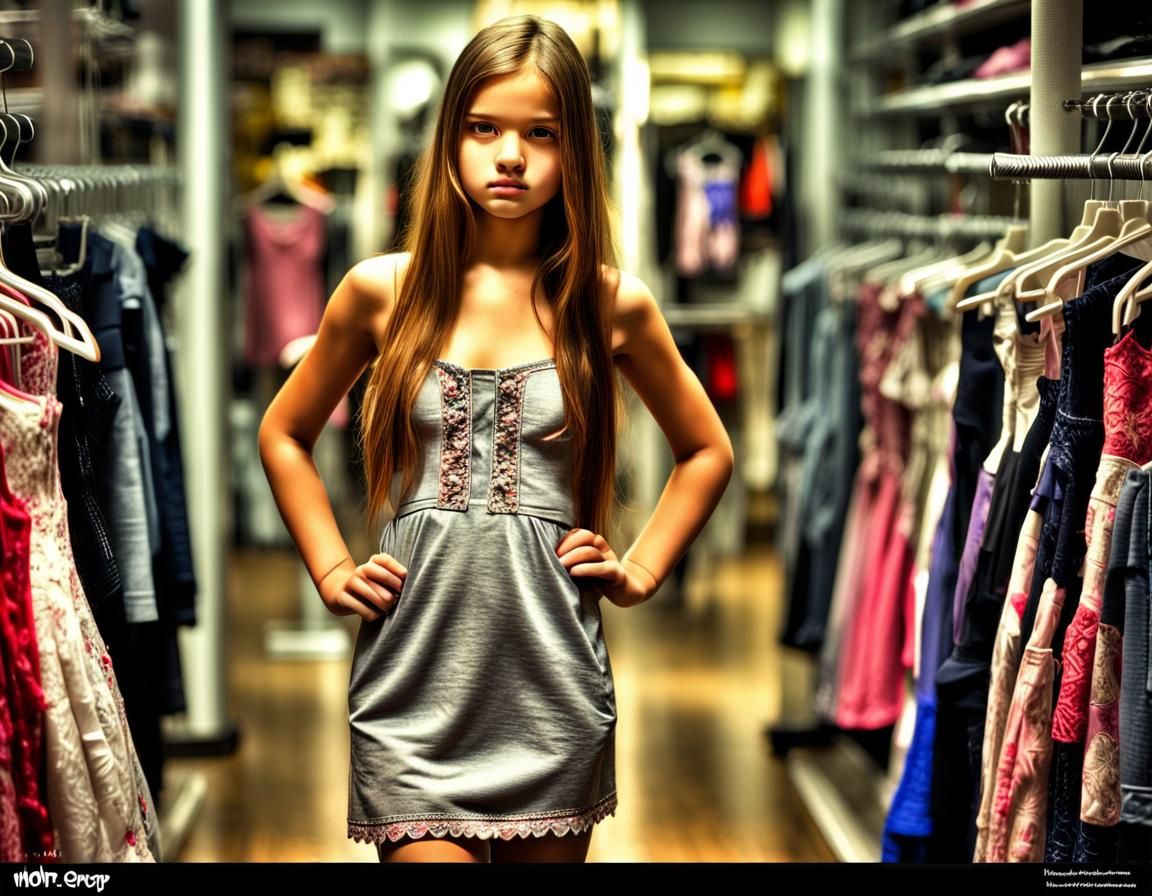 Young Woman Tries on Dress in Children's Store
