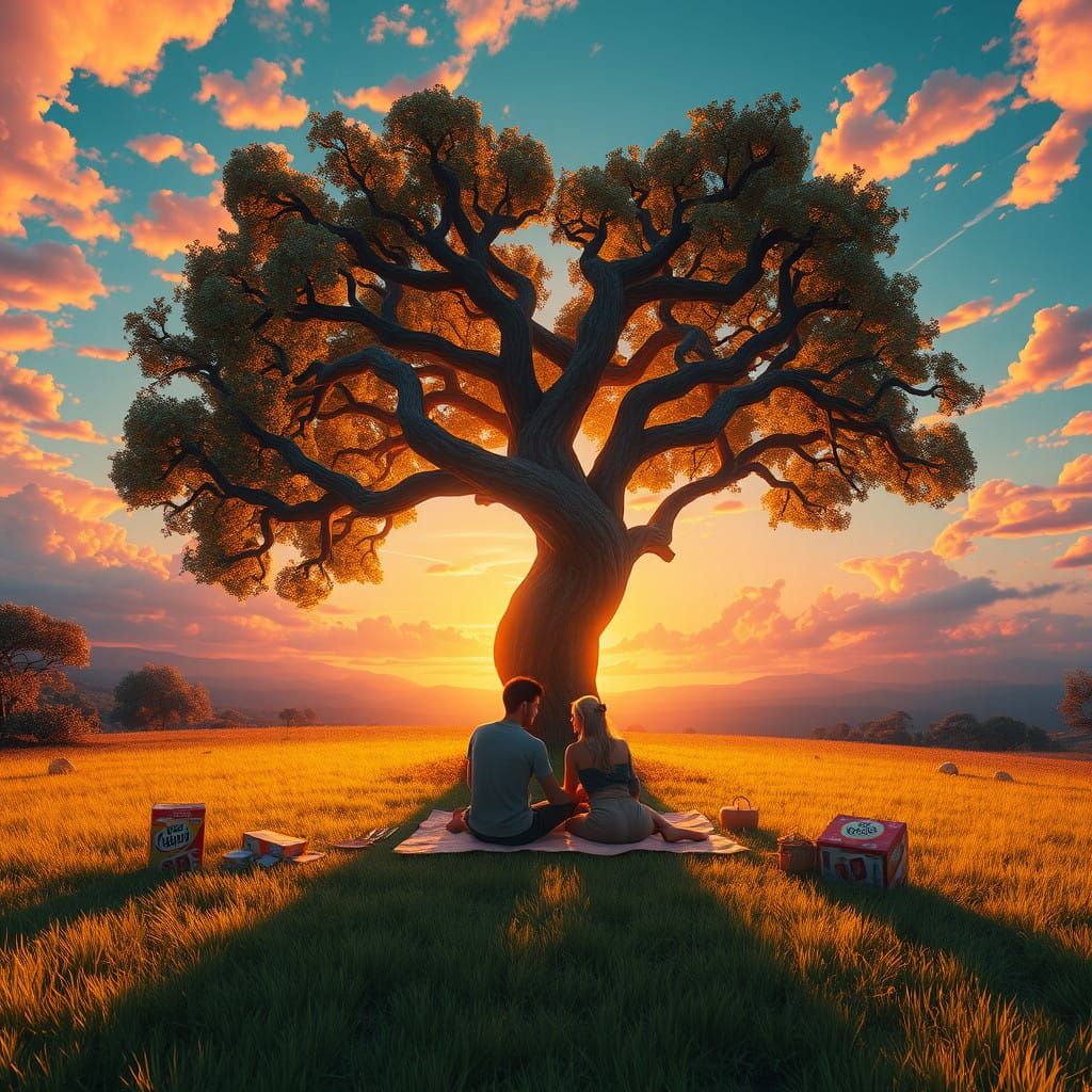 Surreal Campo Sunset with Romantic Couple and Whimsical Cere...