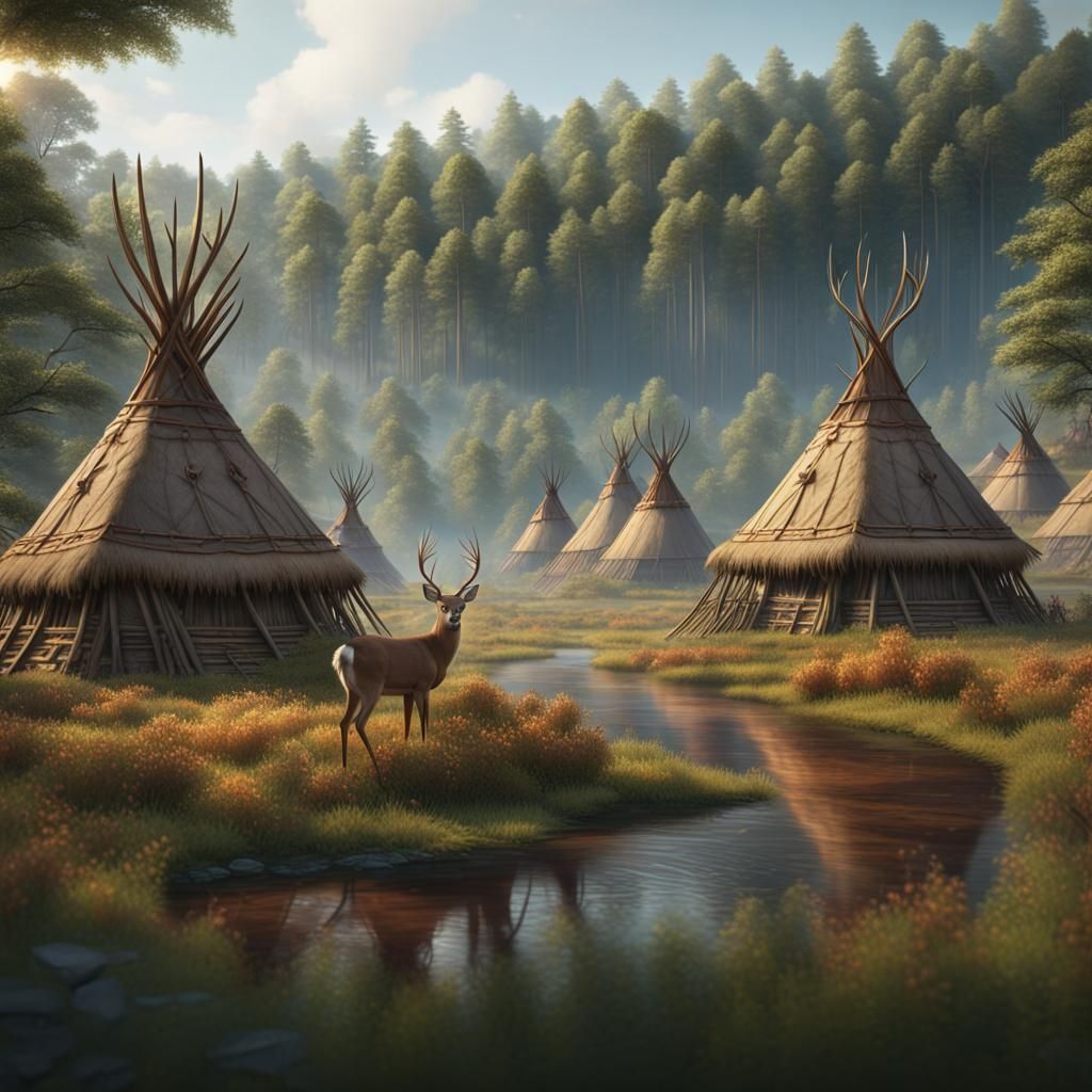 Native American Village in Forest, Detailed Matte Painting