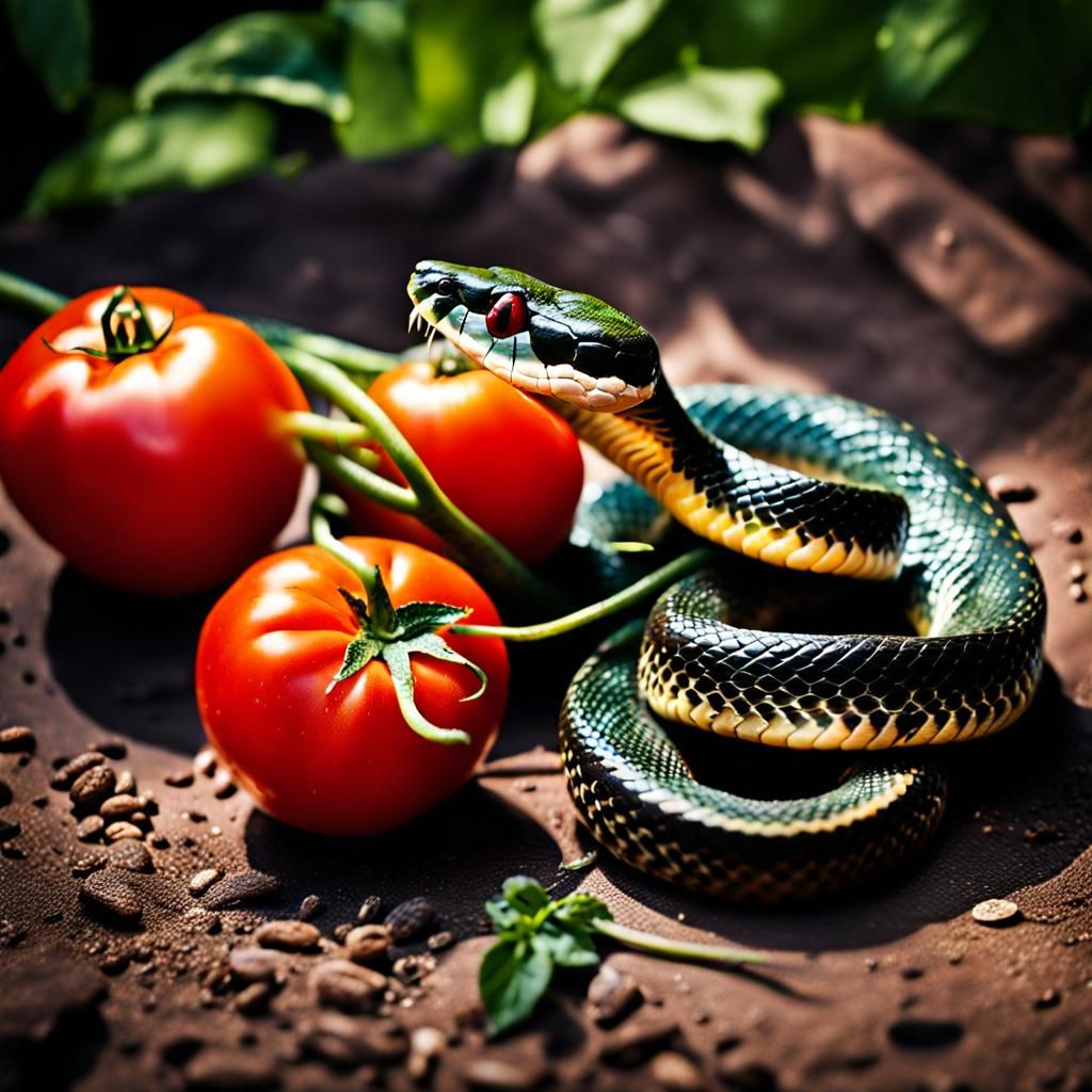 Snake and Tomato: A Cinematic Garden Photo