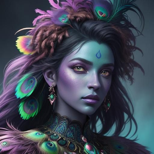 Rainbow Woman Portrait with Peacock Feathers in Fantasy Art