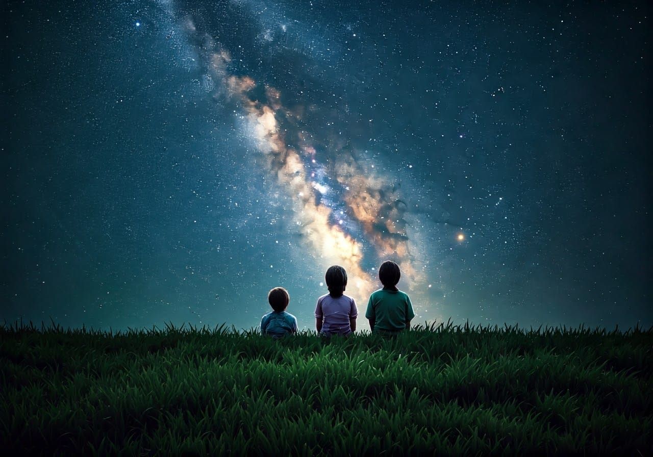 Fantasy Children Gaze Up at the Milky Way Galaxy