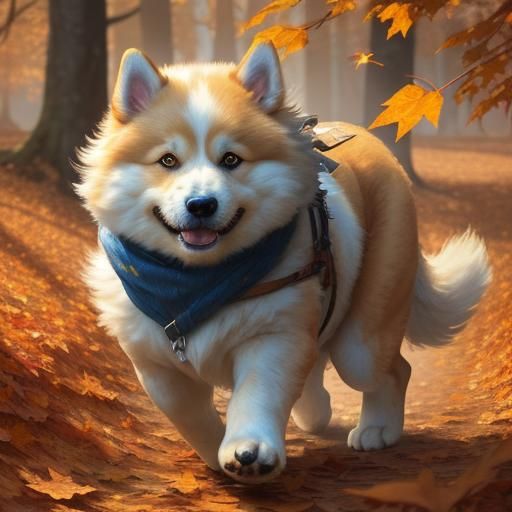 Cute Dog Bounding in Autumn Leaves Watercolor