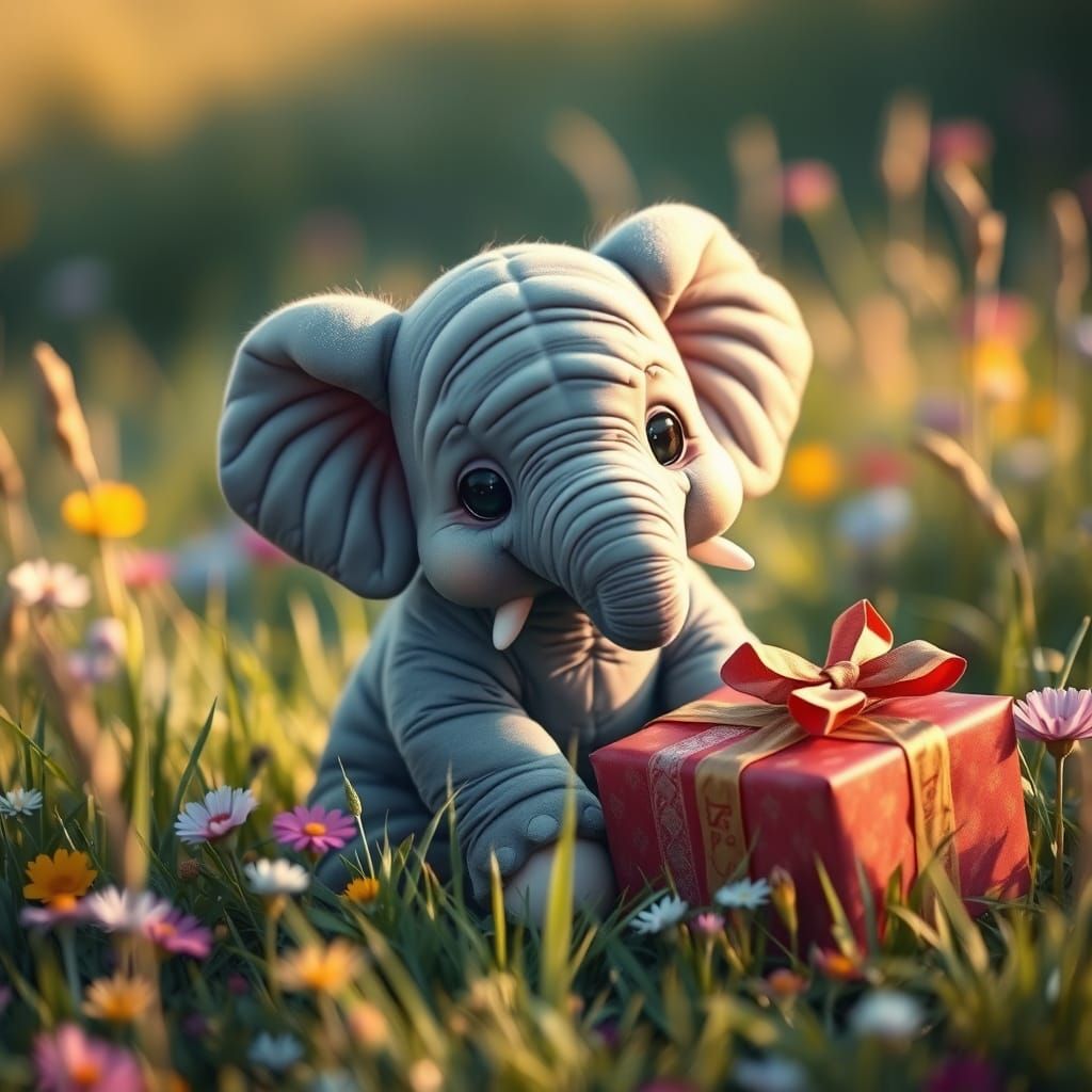 Realistic Elephant in Lush Meadow with Gift