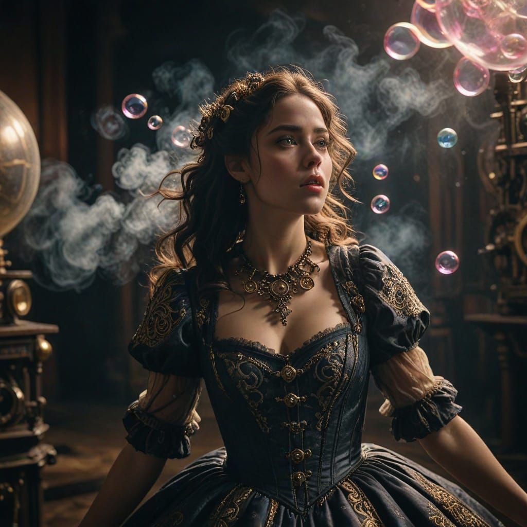 Steampunk Woman in Elegant Gear-Adorned Gown