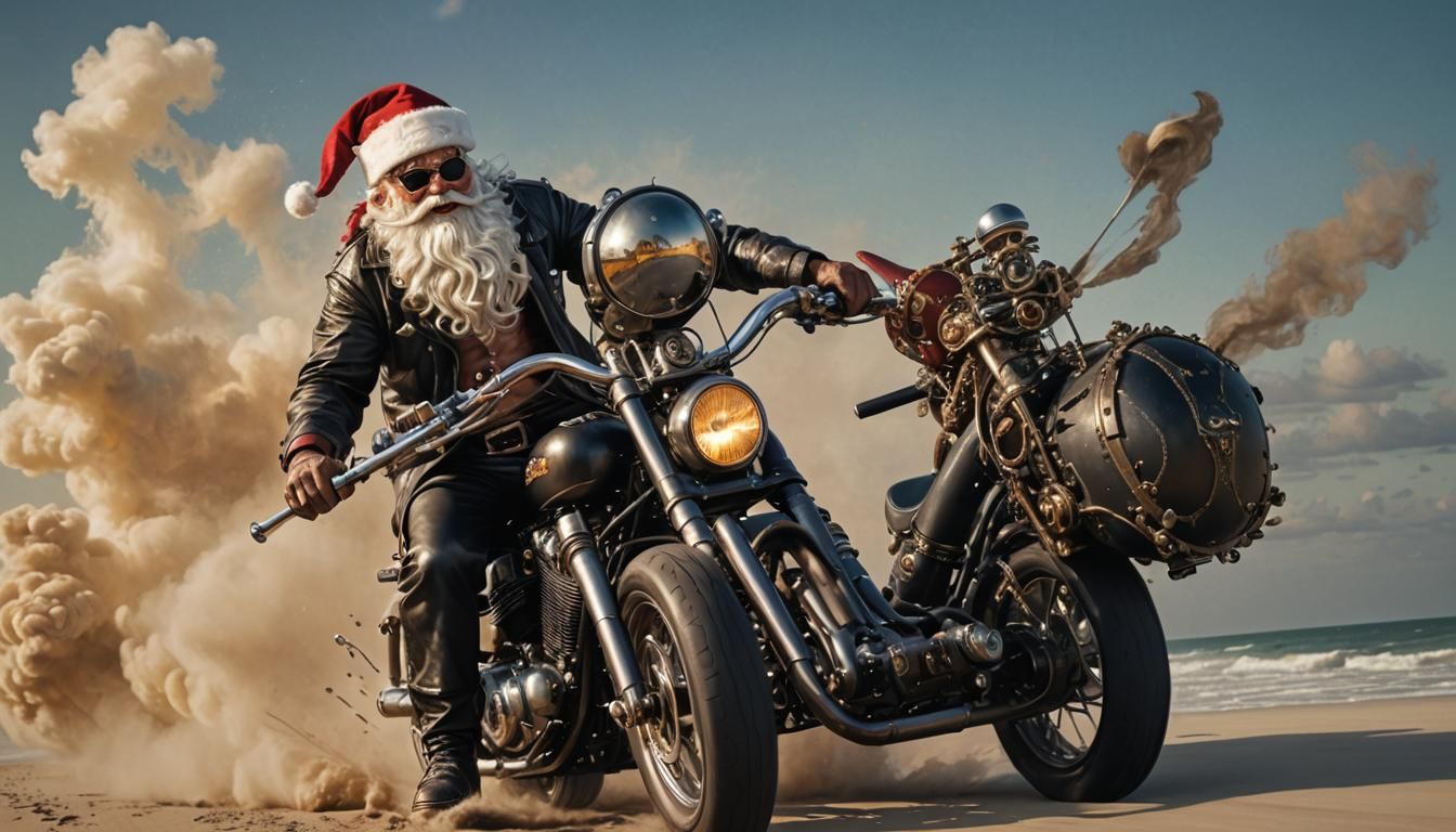 Santa Claus Rides Steampunk Chopper on Beach