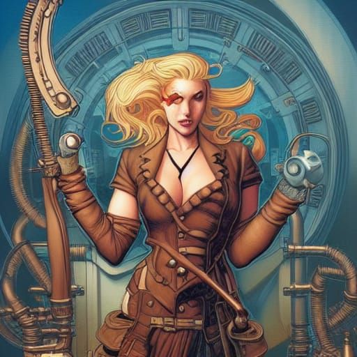 Steampunk Assassin Blonde Woman in Comic Book Art