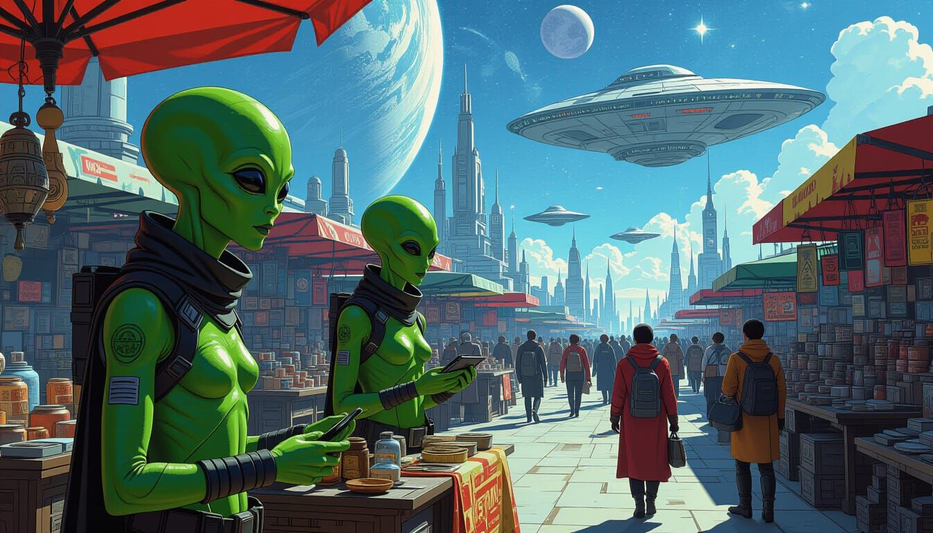 Bustling Alien Market Inspired by Syd Mead