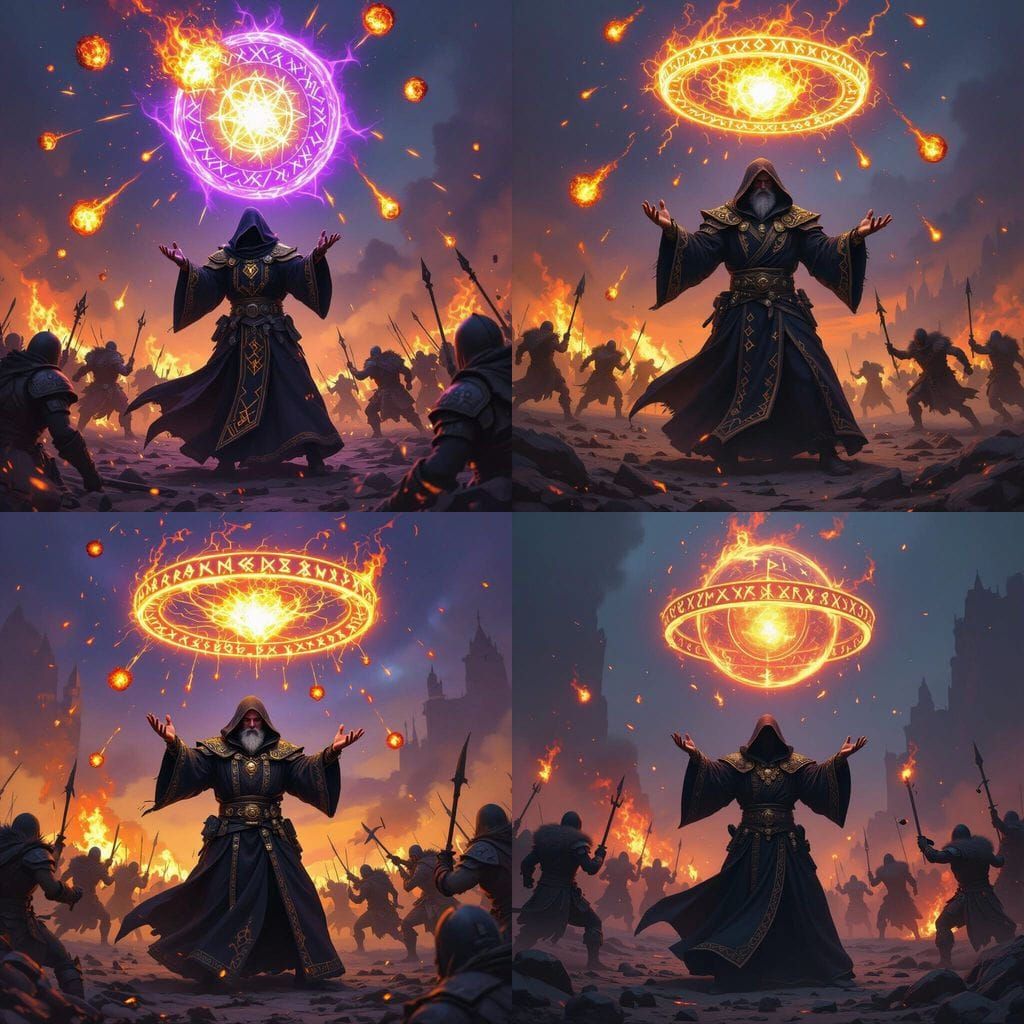 Warlock Casting Spell on Fiery Battlefield as Masterpiece Co...