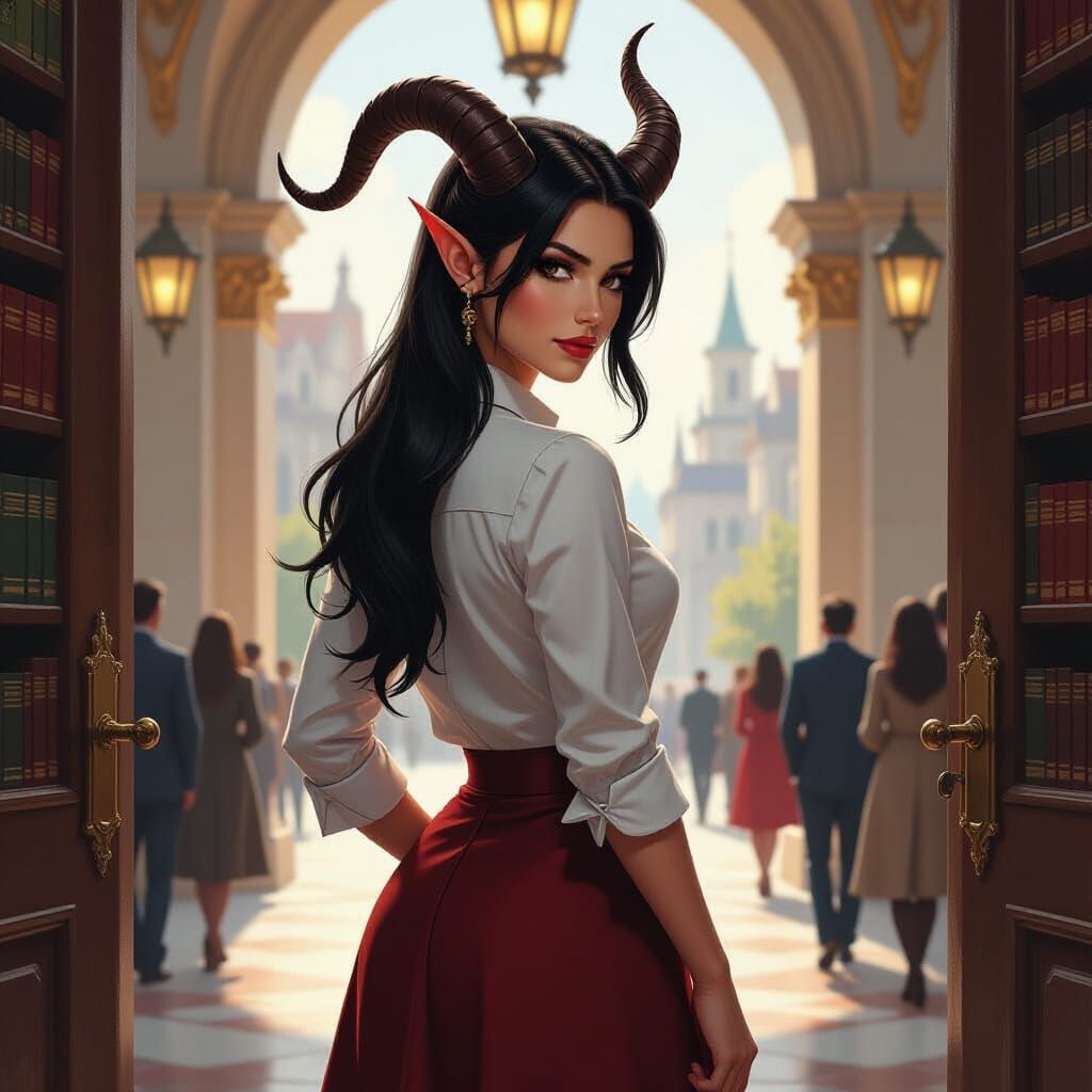 Tiefling Seeks Scholarly Work: Fantasy Oil Painting