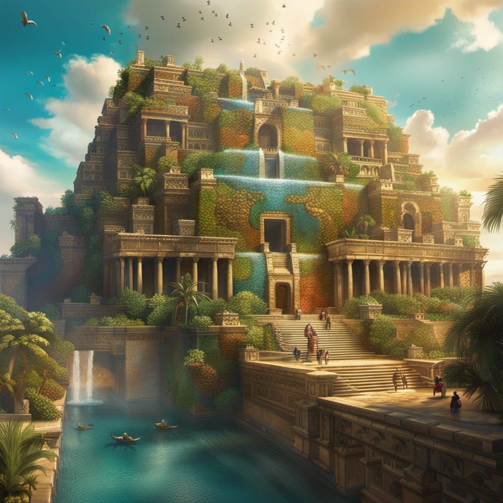 Hanging Gardens of Babylon: Hyperrealistic Splash Art