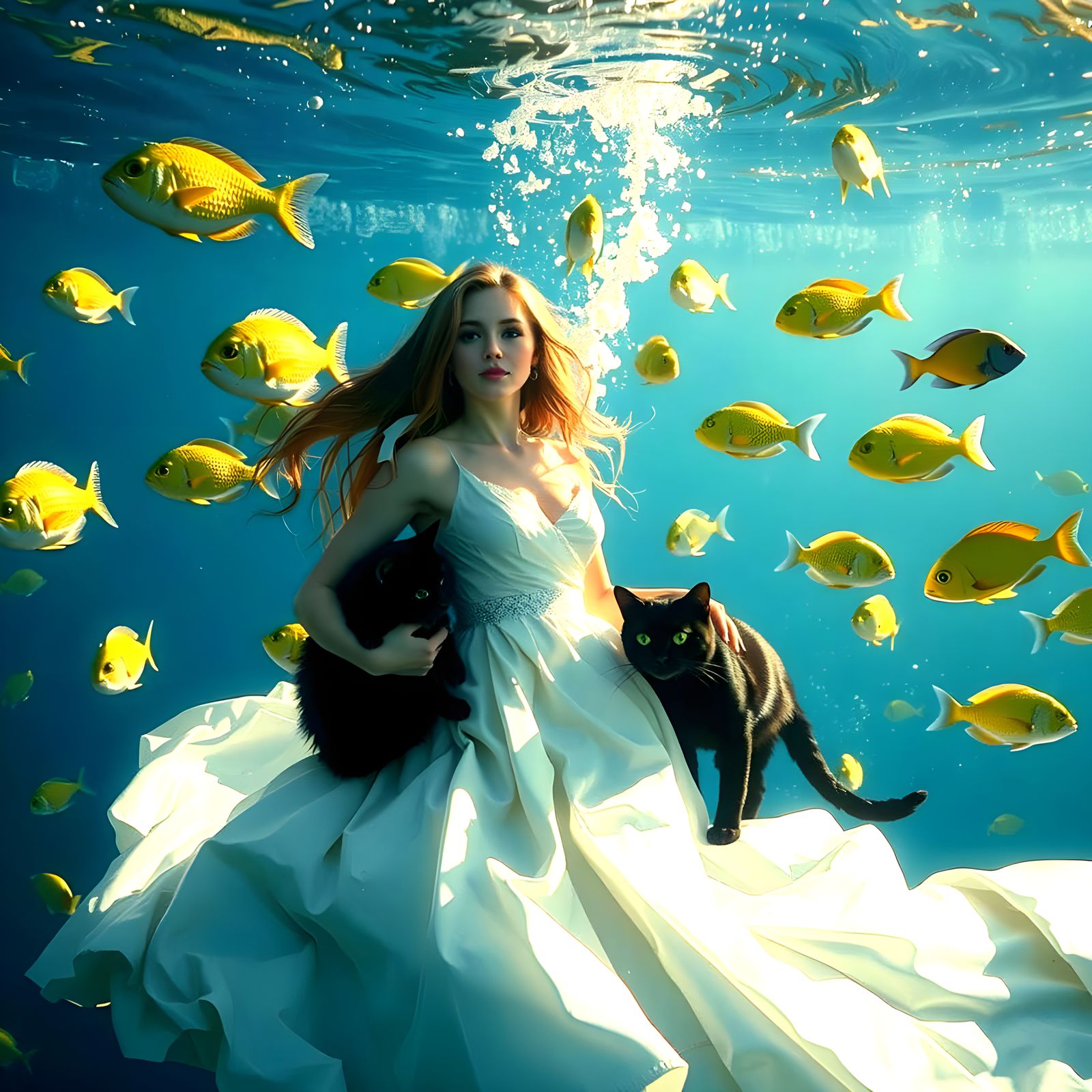 Underwater Scene: Woman and Cat with Colorful Fish