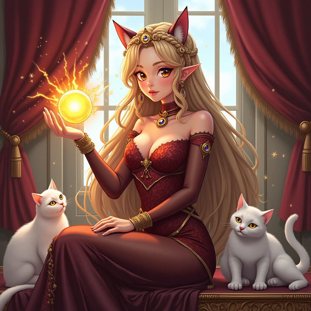 Enchantress Seated in Opulent Luxury, Holding Magical Orb